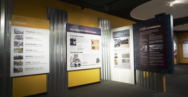 The environmental design solution involved the use of aluminum, strategically allocating it throughout the exhibit to bring out the industrial quality of the subject matter.